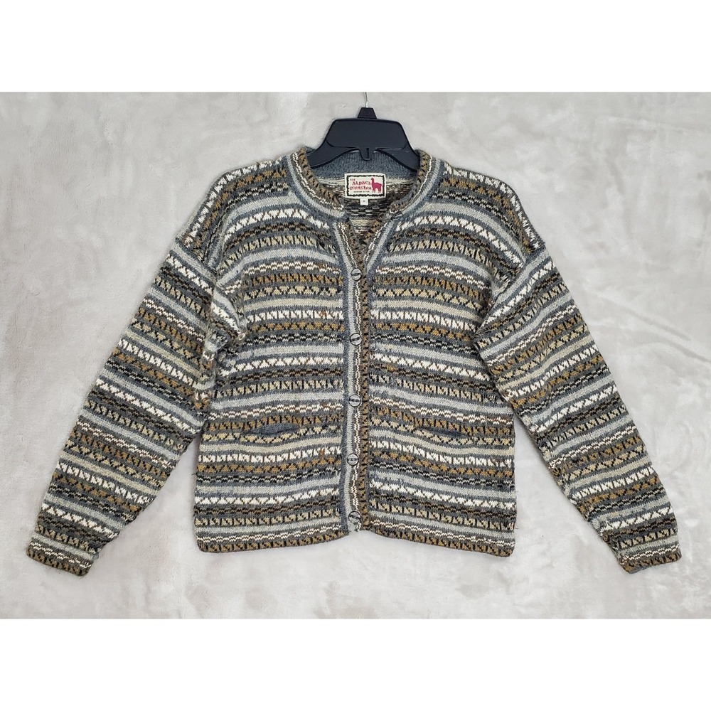 Alpaca Connection Cardigan Womens M Brown Gray Black Wool Button Sweater Peru
